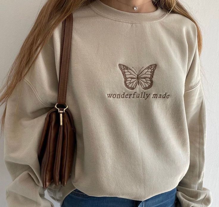 Wonderfully Made' Butterfly Embroidered Premium Sweatshirt - Beige