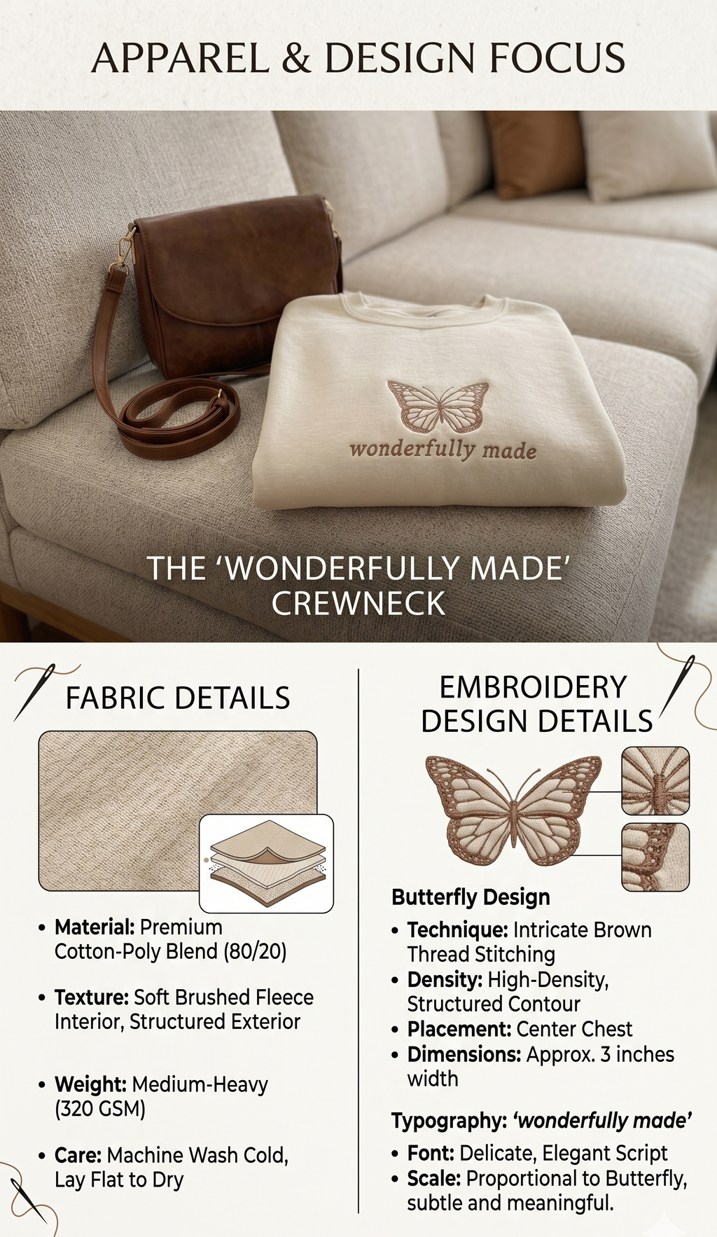 Wonderfully Made' Butterfly Embroidered Premium Sweatshirt - Beige