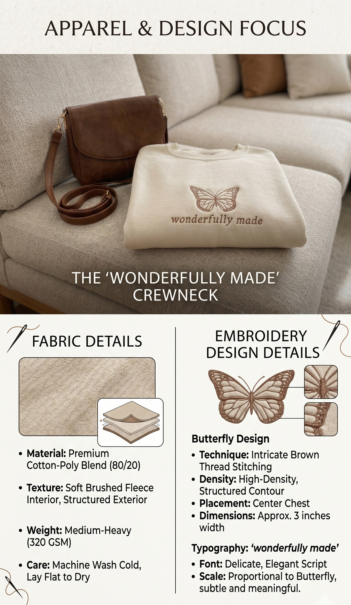 Wonderfully Made' Butterfly Embroidered Premium Sweatshirt - Beige