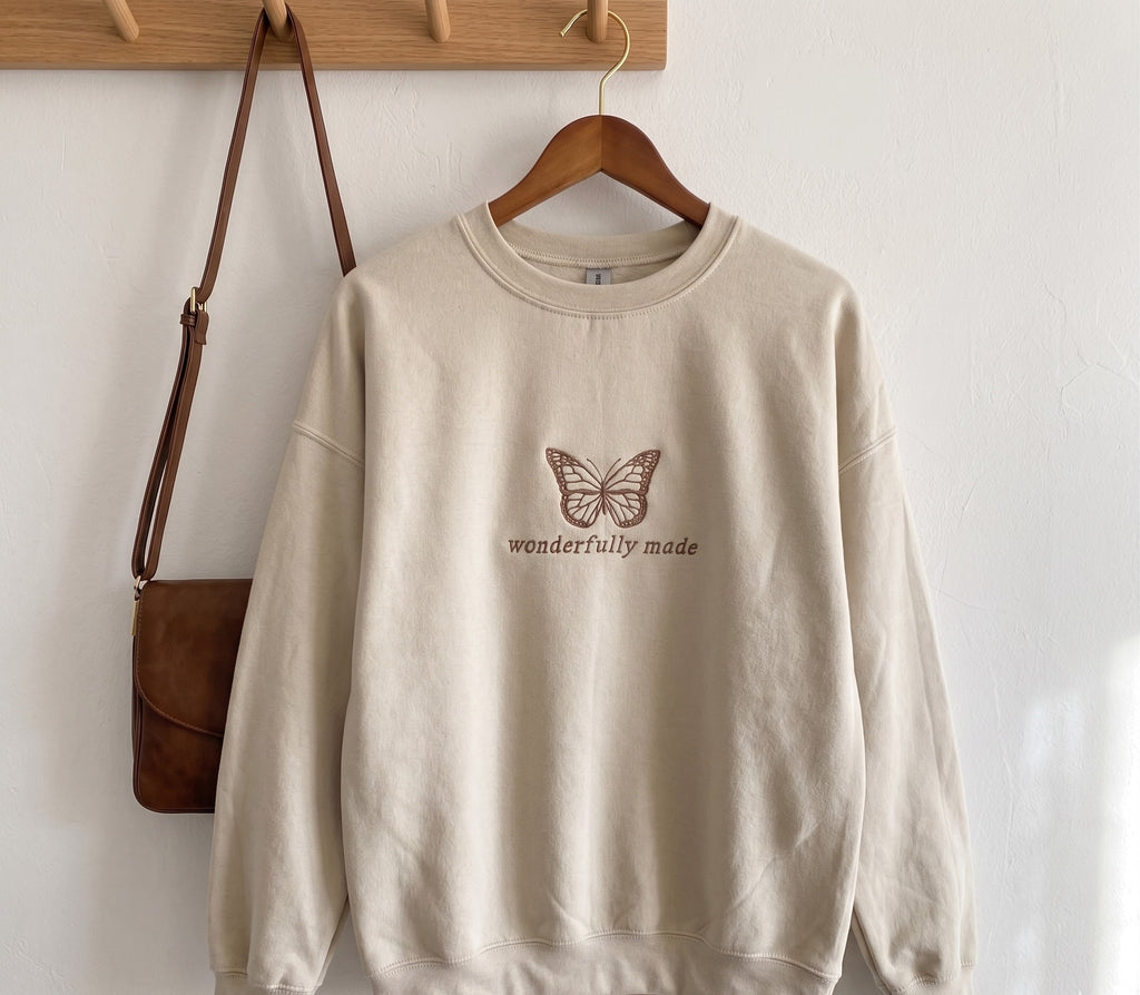 Wonderfully Made' Butterfly Embroidered Premium Sweatshirt - Beige