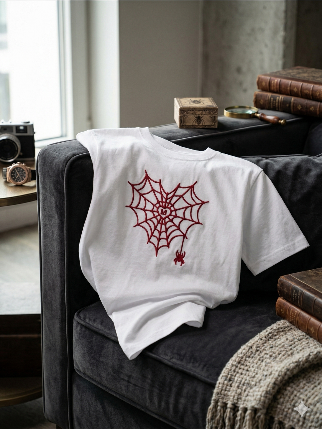 White Cotton T-Shirt with  Spiderweb Heart Embroidery