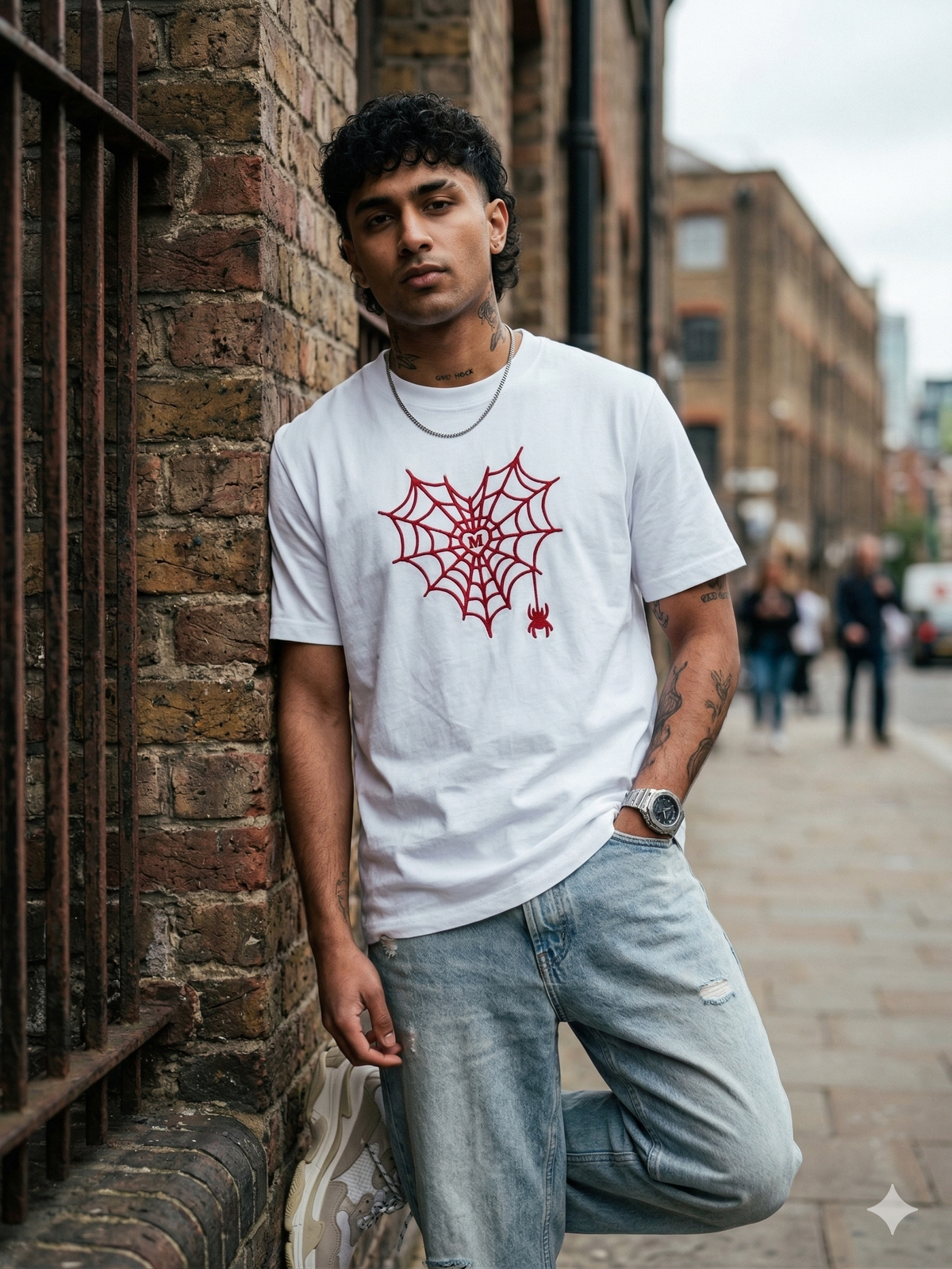 White Cotton T-Shirt with  Spiderweb Heart Embroidery