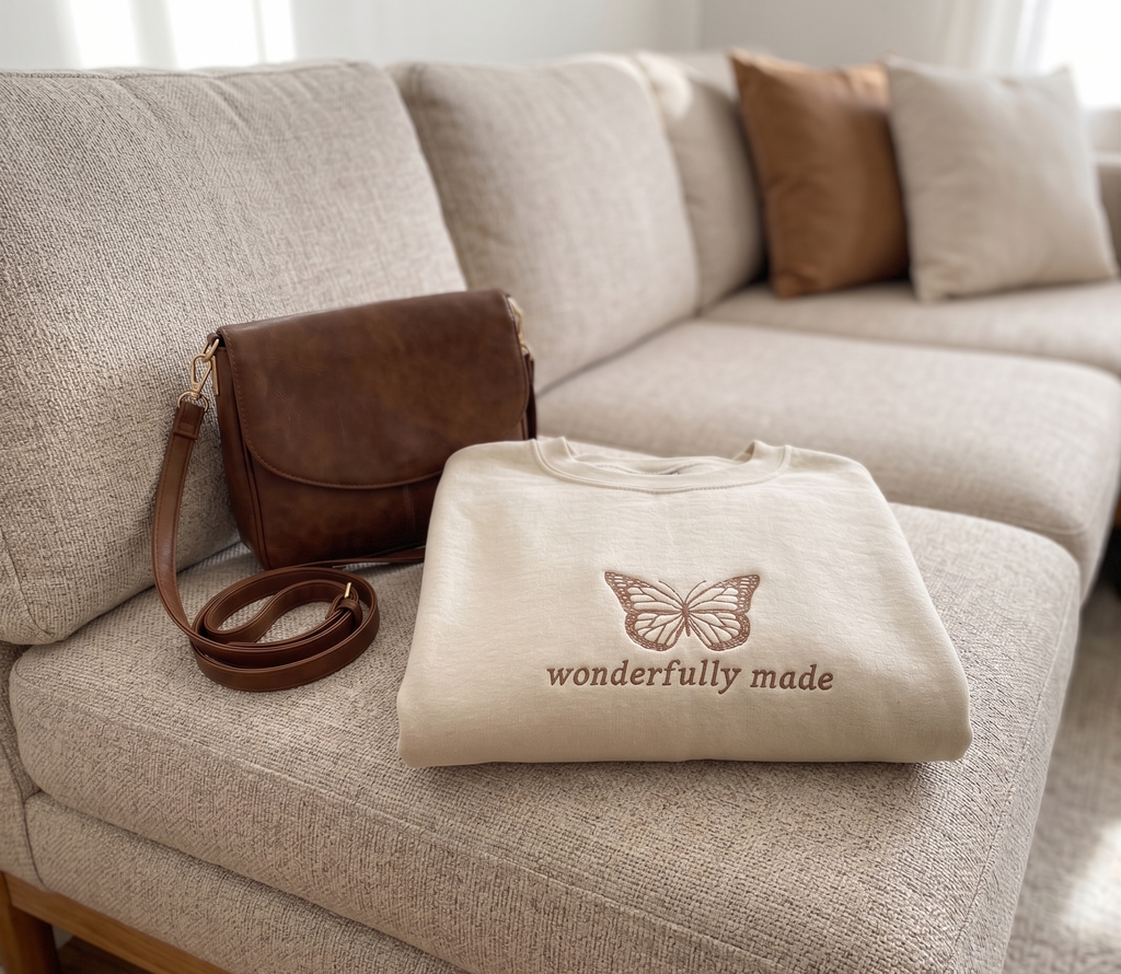 Wonderfully Made' Butterfly Embroidered Premium Sweatshirt - Beige