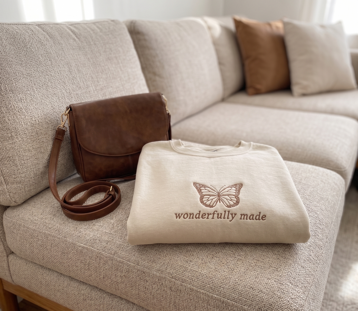 Wonderfully Made' Butterfly Embroidered Premium Sweatshirt - Beige