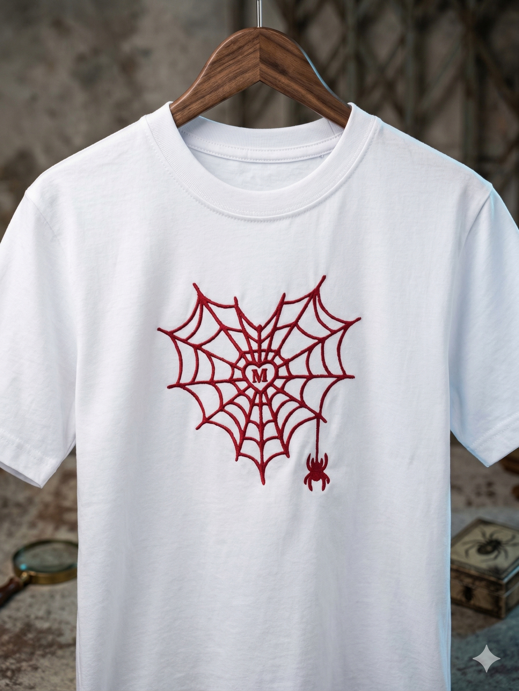White Cotton T-Shirt with  Spiderweb Heart Embroidery