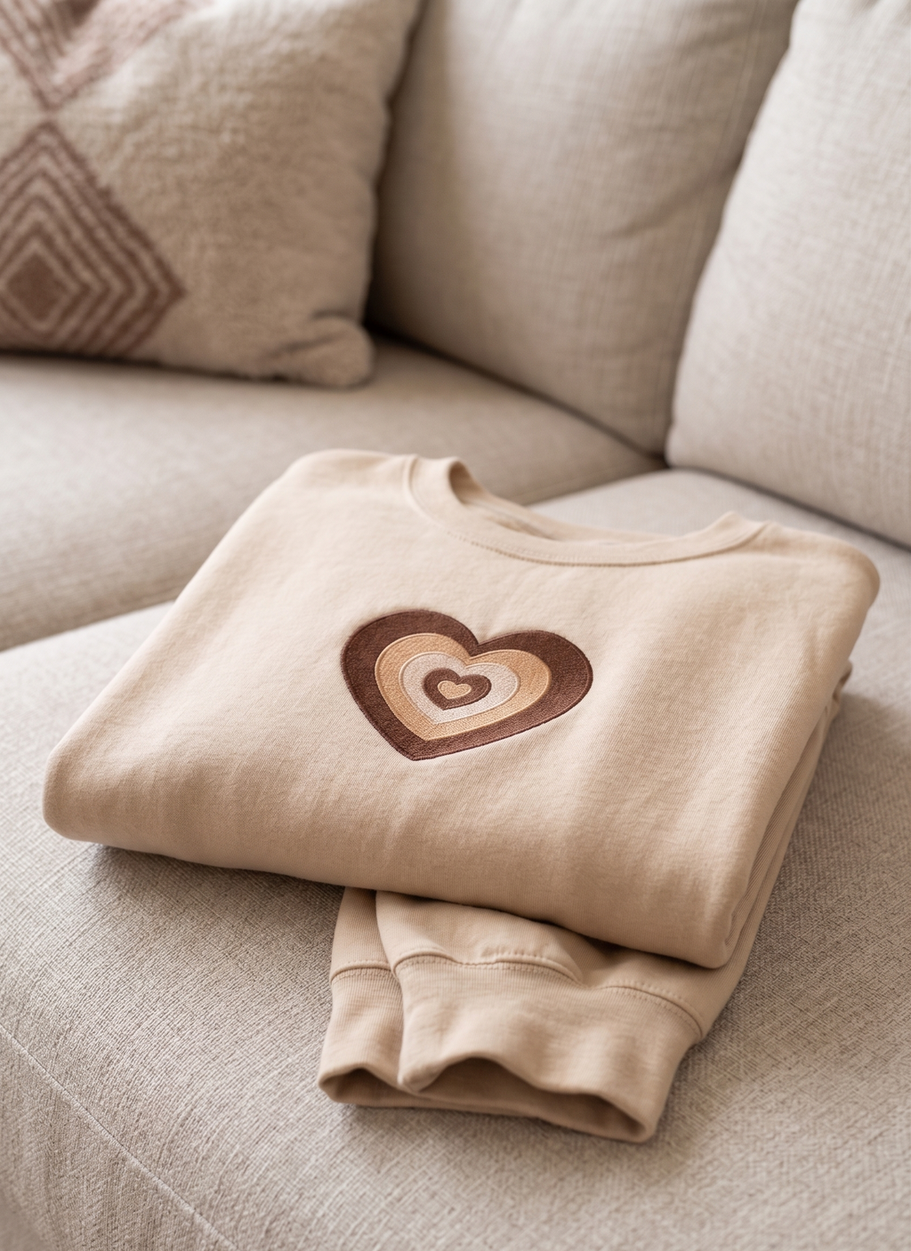 Neutral Concentric Heart Embroidered Sweatshirt - Premium Beige