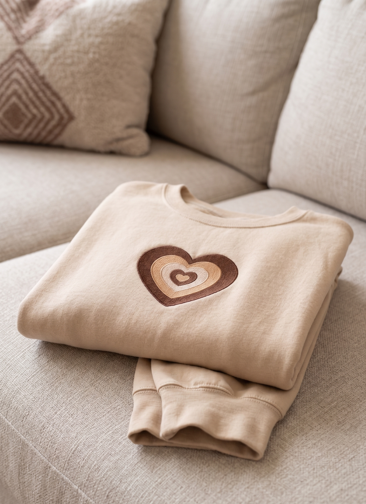 Neutral Concentric Heart Embroidered Sweatshirt - Premium Beige