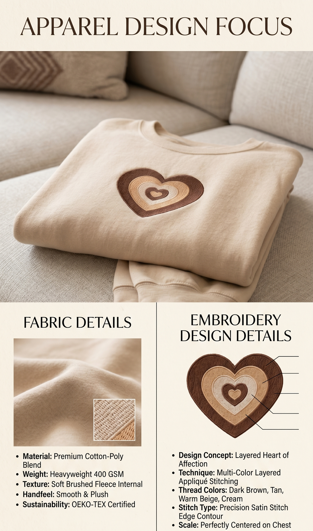 Neutral Concentric Heart Embroidered Sweatshirt - Premium Beige